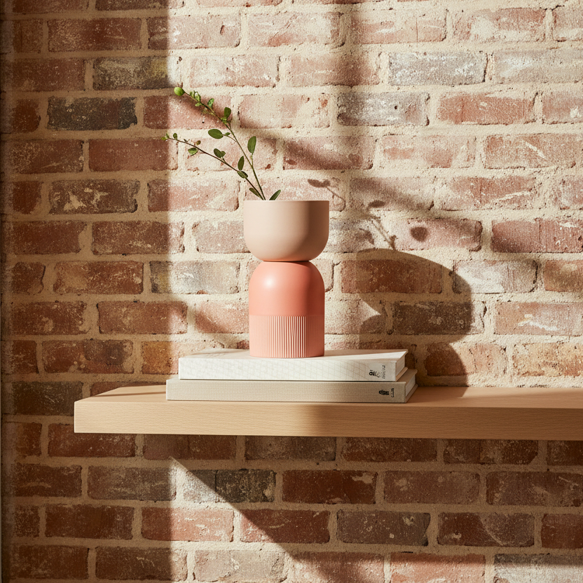 Flip Reversible Ceramic Vase – Coral and Nude Medium on wooden shelf with books, Dutch Design, Functional Design, minimalist decor