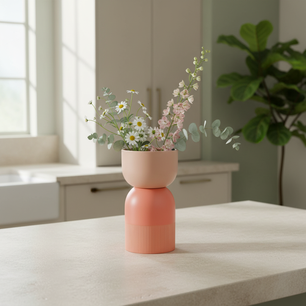 Flip Reversible Ceramic Vase – Coral and Nude Medium with flowers on kitchen counter, Dutch Design, Functional Design.
