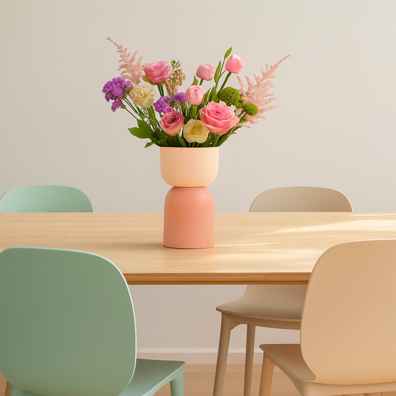 Flip Reversible Ceramic Vase – Coral and Nude Medium with fresh flowers on a wooden table, Dutch Design, Functional Design