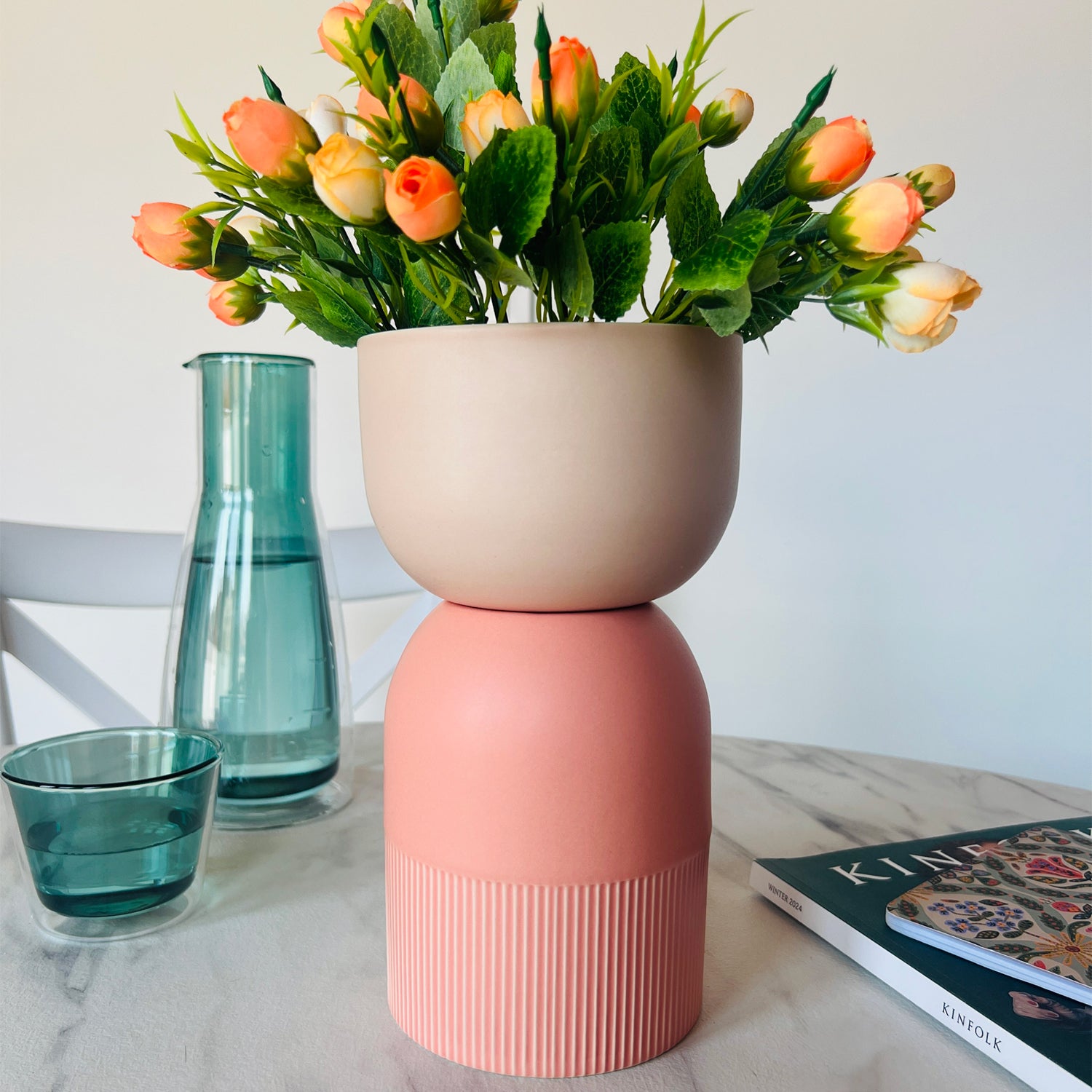 Flip Reversible Ceramic Vase – Coral and Nude Medium with flowers, Dutch Design, Functional Design, minimalist home decor.