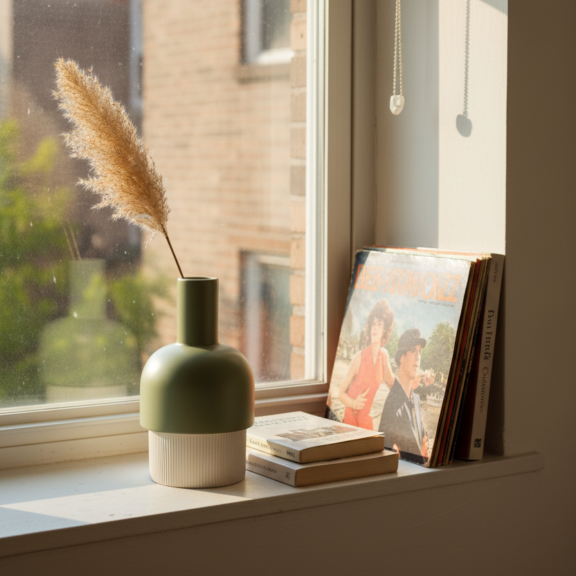 A modern two-tone ceramic vase in sage green and white sits on a sunlit windowsill next to a pampas grass stem and a stack of books with a magazine leaning against them. A brick building is visible outside the window.
