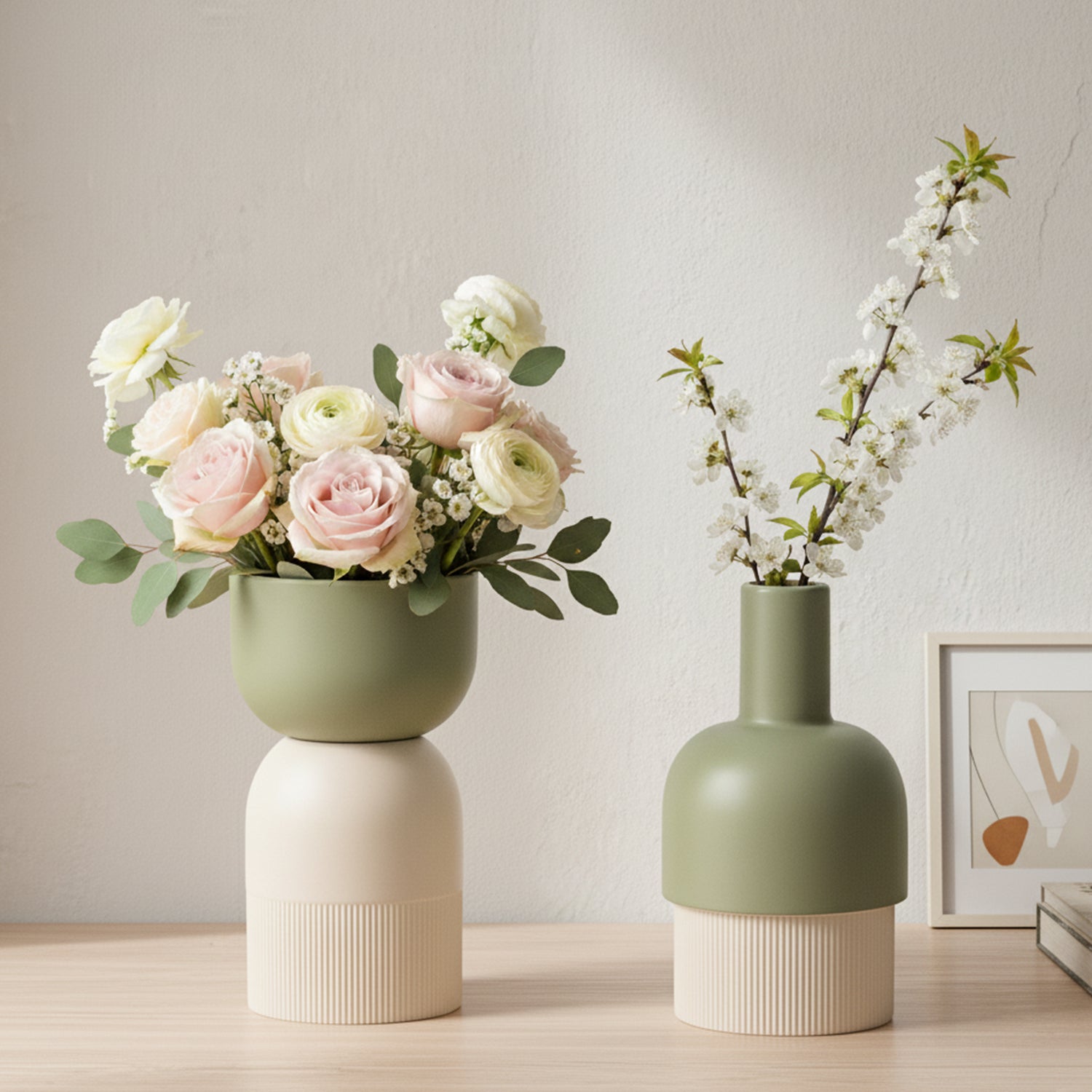 Two Flip Reversible Ceramic Vase – Ivory & Olive Medium with flowers showcasing Dutch Design and functional design style.