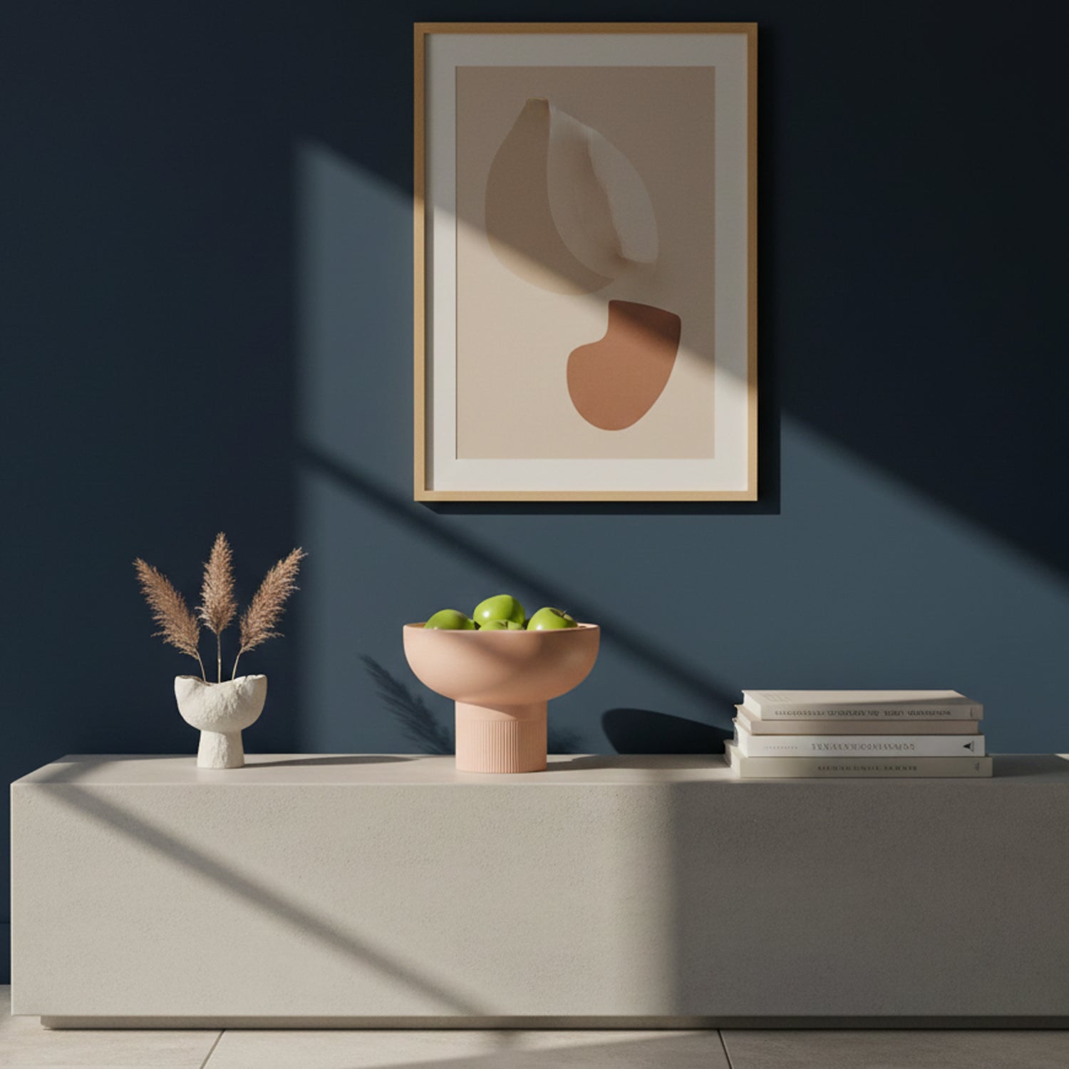 Tip Top Small Ceramic Bowl – Nude Small holding green apples on sideboard with minimalist art and decor Dutch Design Functional Design