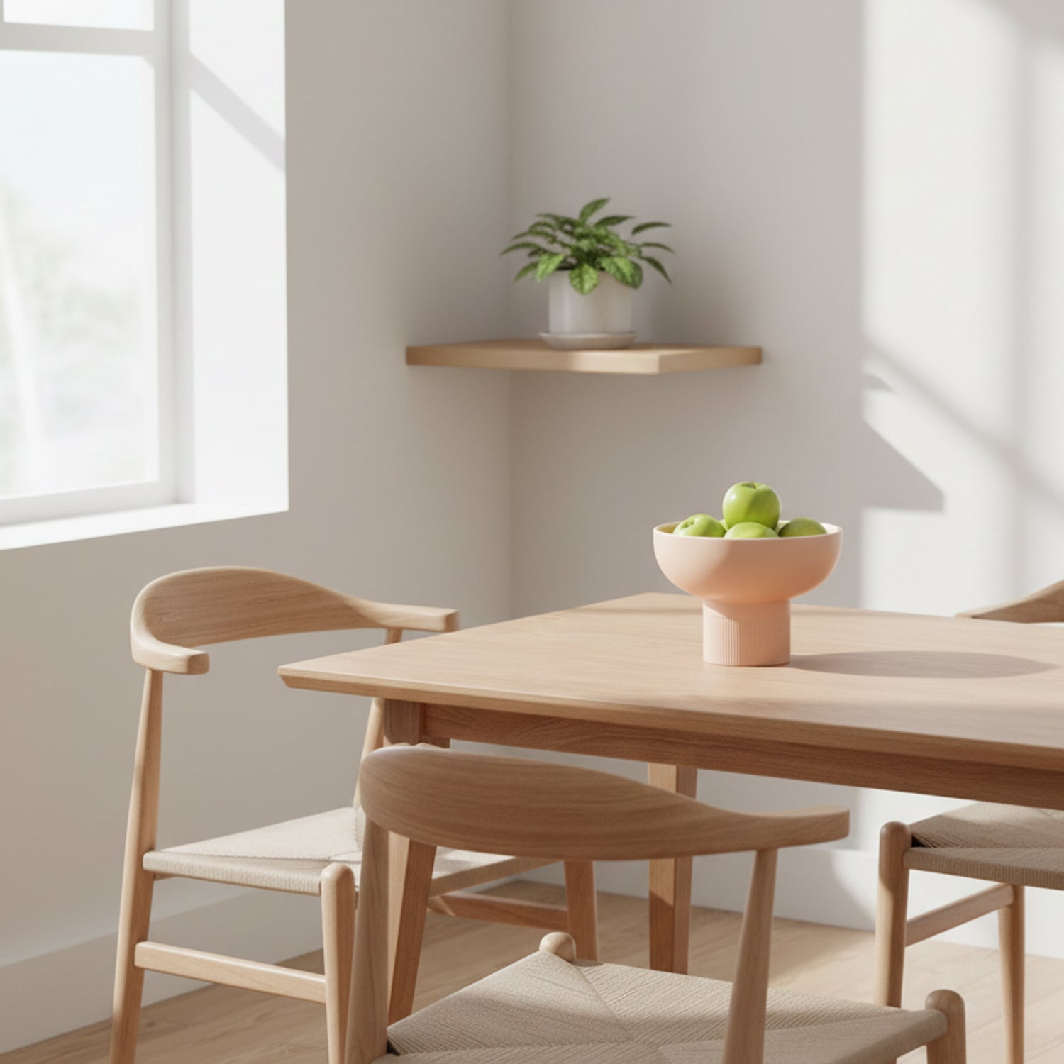 Tip Top Small Ceramic Bowl – Nude Small with green apples in a minimalist dining room featuring Dutch design and functional design.