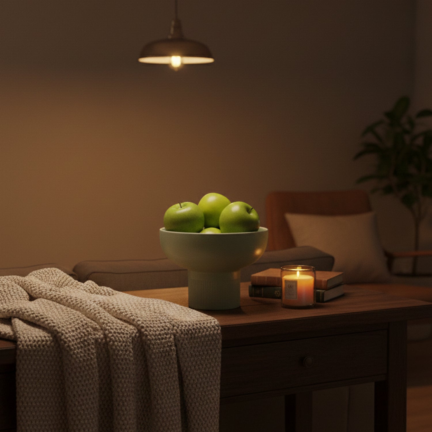 Tip Top Small Ceramic Bowl – Olive Small filled with green apples on wooden table in cozy minimalist living room Dutch Design Functional Design