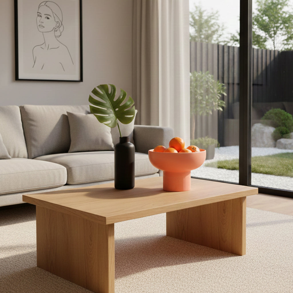 Tip Top XL Ceramic Bowl – Coral XL on wooden table with fruit, showcasing Dutch Design and Functional Design in a minimalist living room