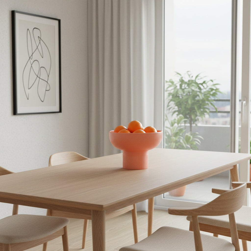 Tip Top XL Ceramic Bowl – Coral XL on wooden table with oranges, Dutch Design, Functional Design, minimalist home decor