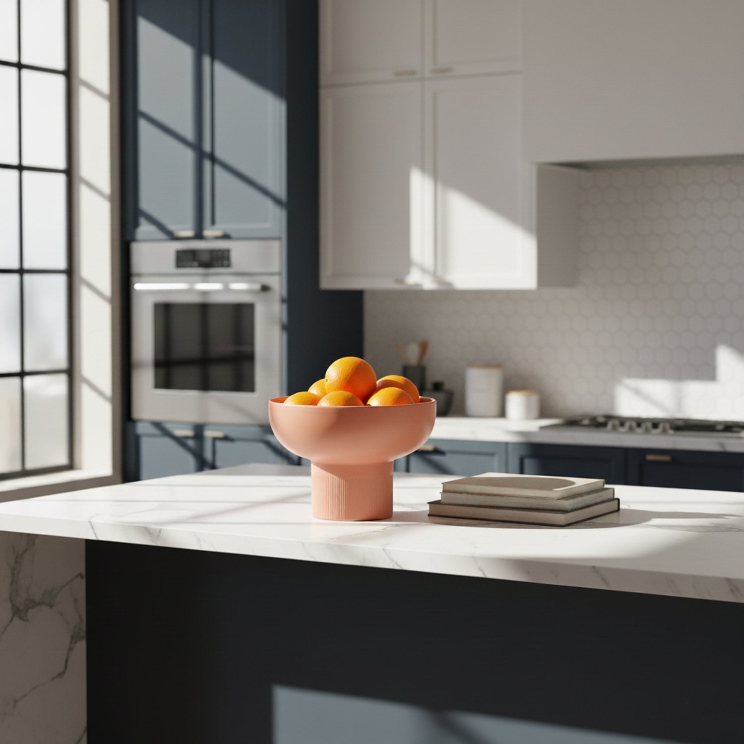 Tip Top XL Ceramic Bowl – Coral XL holding oranges on kitchen island, Dutch Design, Functional Design, minimalist home decor.