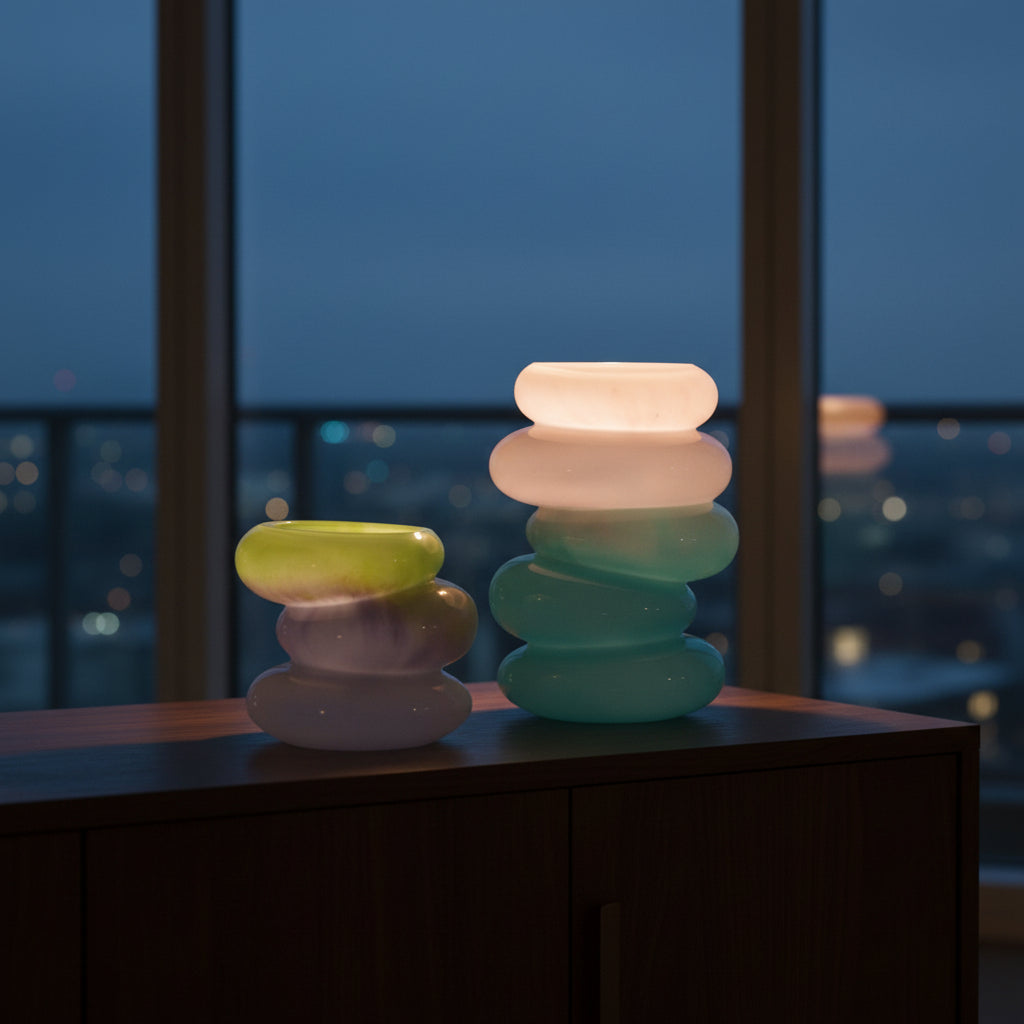 Swirl Glass Vase Set – Aqua & Lime stacked sculptural glass vases with Dutch Design and Functional Design in soft evening light