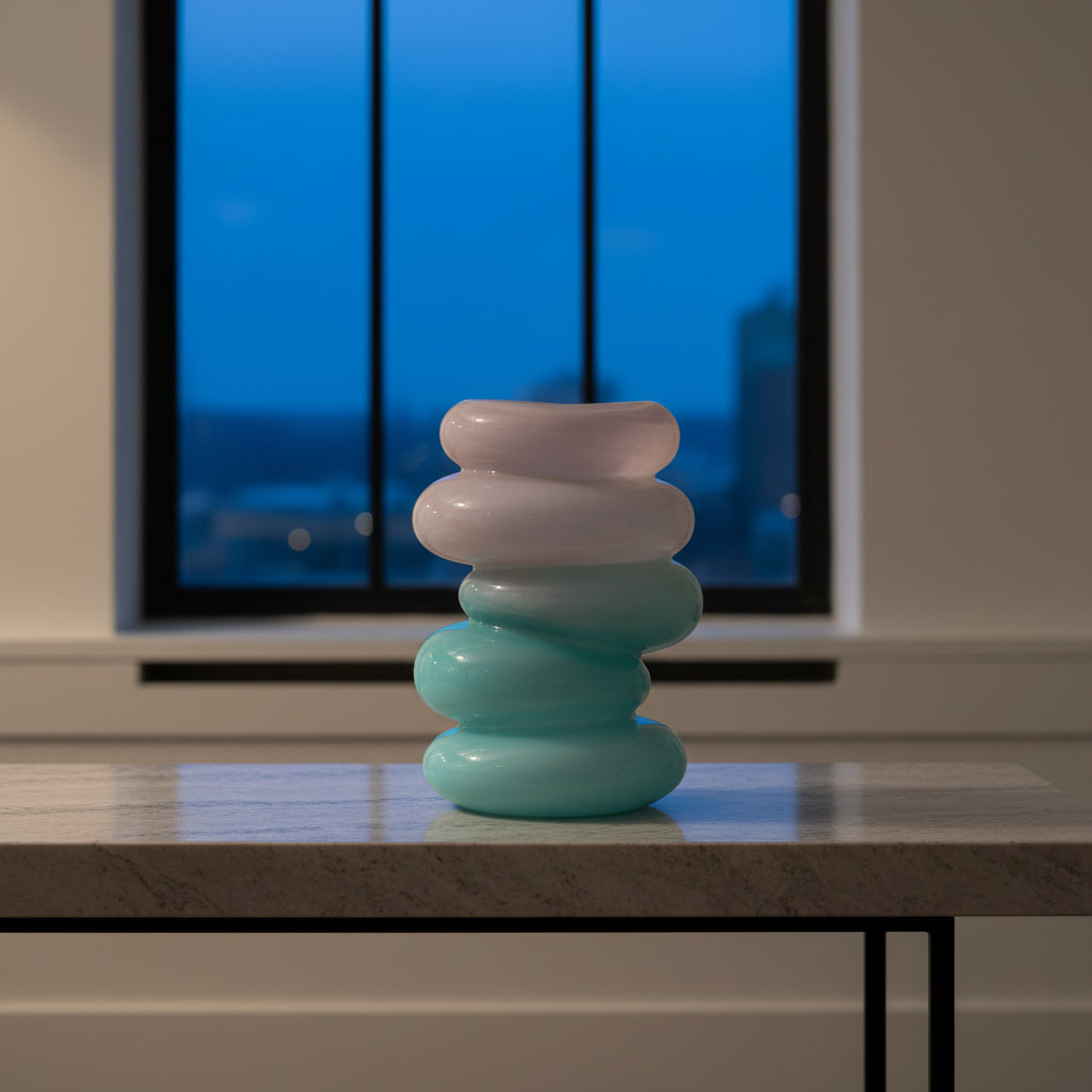 Swirl Glass Vase Set – Aqua & Lime stacked sculptural glass vase in Dutch Design with functional design elements