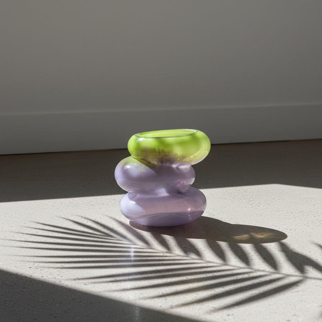 Swirl Glass Vase Set – Aqua & Lime with sculptural handblown glass in Dutch design, showcasing functional design and modern decor style.