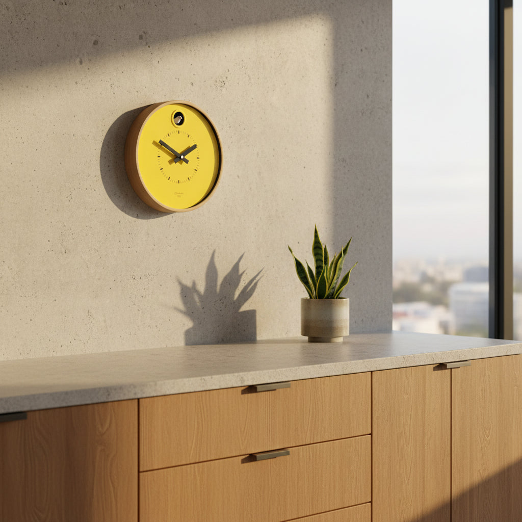 Preorder - Dot Yellow Cuckoo Clock hanging on wall with shadow, wooden cabinet, small potted plant, Dutch Design. Functional Design.