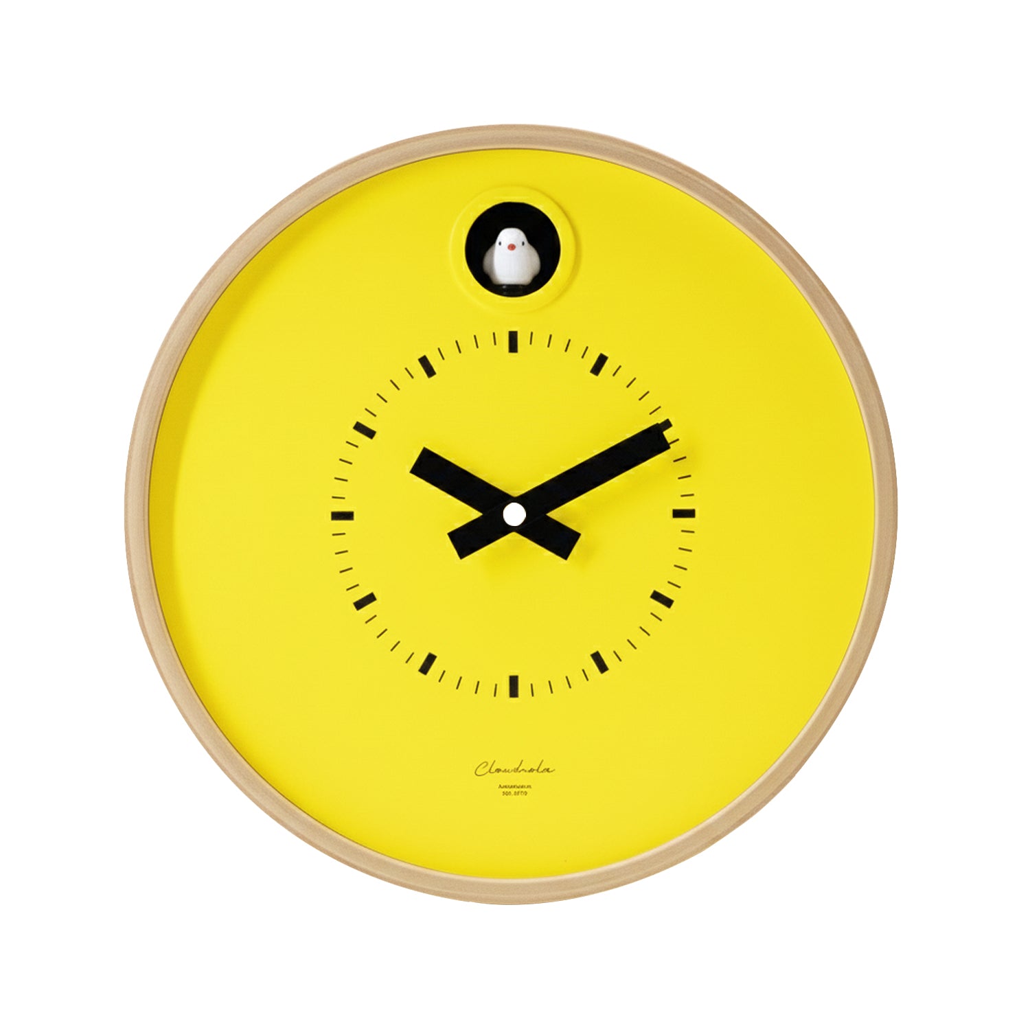 Preorder - Dot Yellow Cuckoo Clock with minimalist yellow face, black hands, and small white cuckoo, Dutch Design, Functional Design