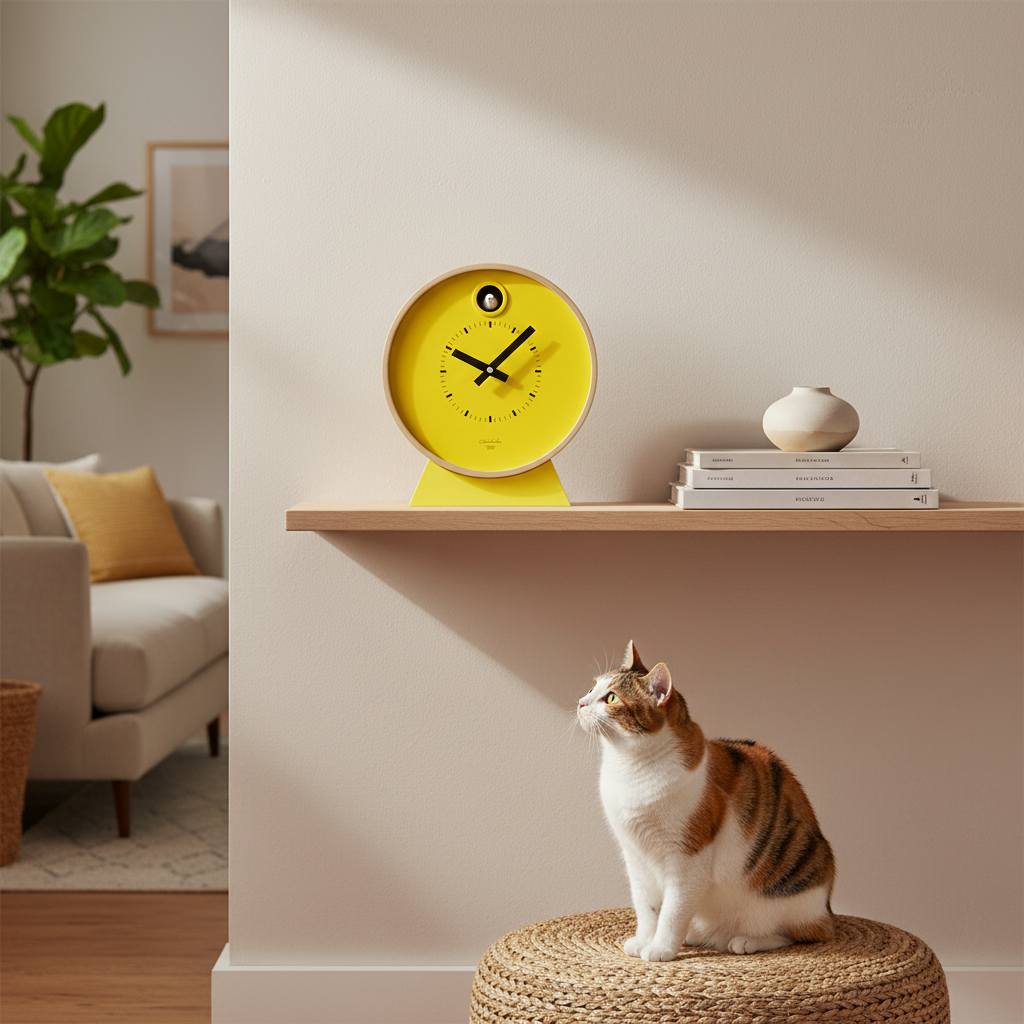 Preorder - Dot Yellow Cuckoo Clock with Dutch Design and Functional Design on wooden shelf in cozy modern living room with cat nearby