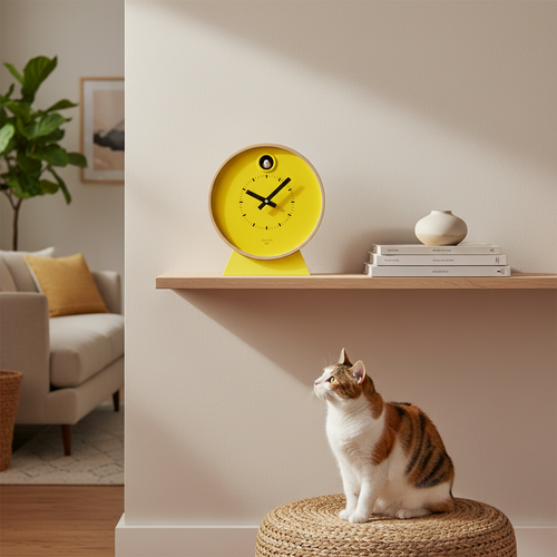 Preorder - Dot Yellow Cuckoo Clock with Dutch Design and Functional Design on wooden shelf in cozy modern living room with cat nearby