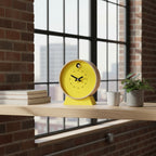 Preorder - Dot Yellow Cuckoo Clock on wooden shelf with books, cup, plant by large industrial window Dutch Design Functional Design