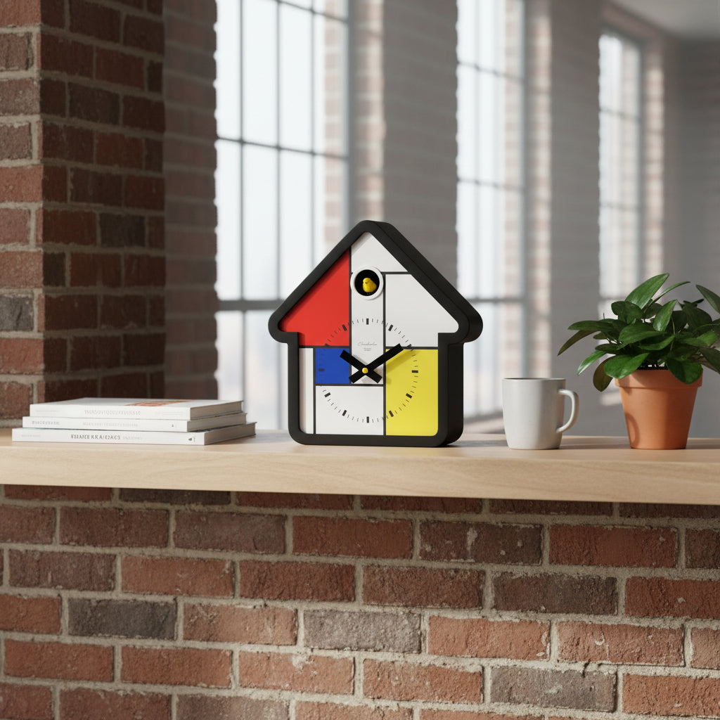 Preorder - Mondrian Cuckoo Clock with Dutch Design, modern cuckoo clock featuring functional design in vibrant geometric colors