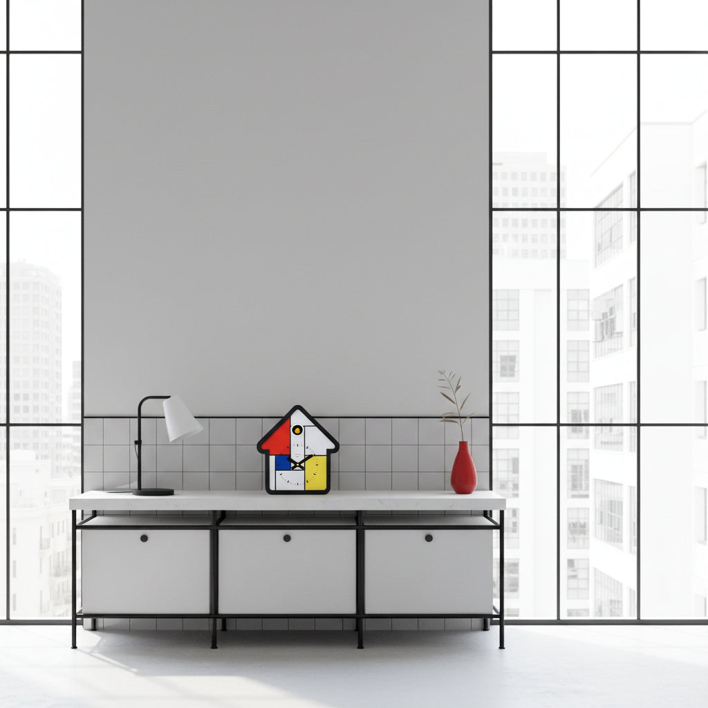 Preorder - Mondrian Cuckoo Clock on modern minimalist cabinet with lamp and red vase showcasing Dutch Design functional design.