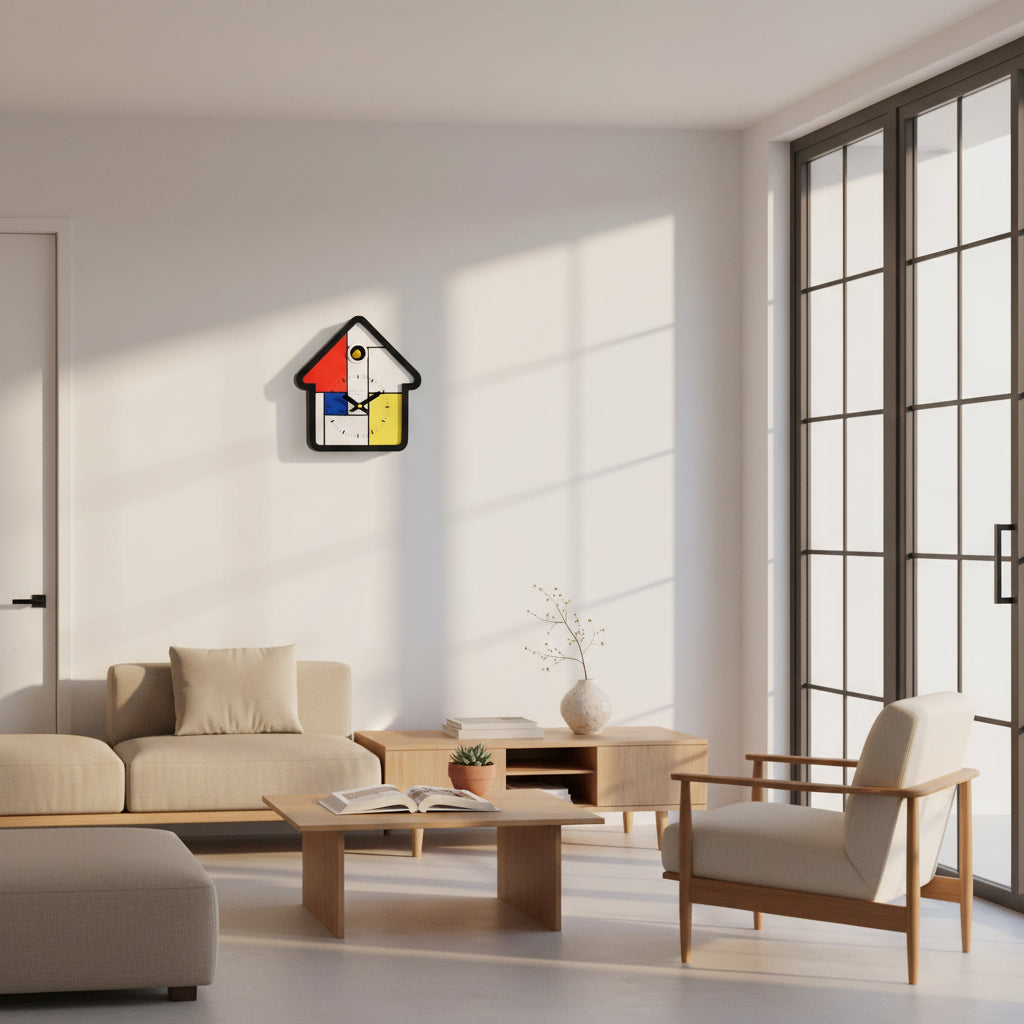 Preorder - Mondrian Cuckoo Clock on wall in bright living room with minimalist furniture Dutch Design Functional Design