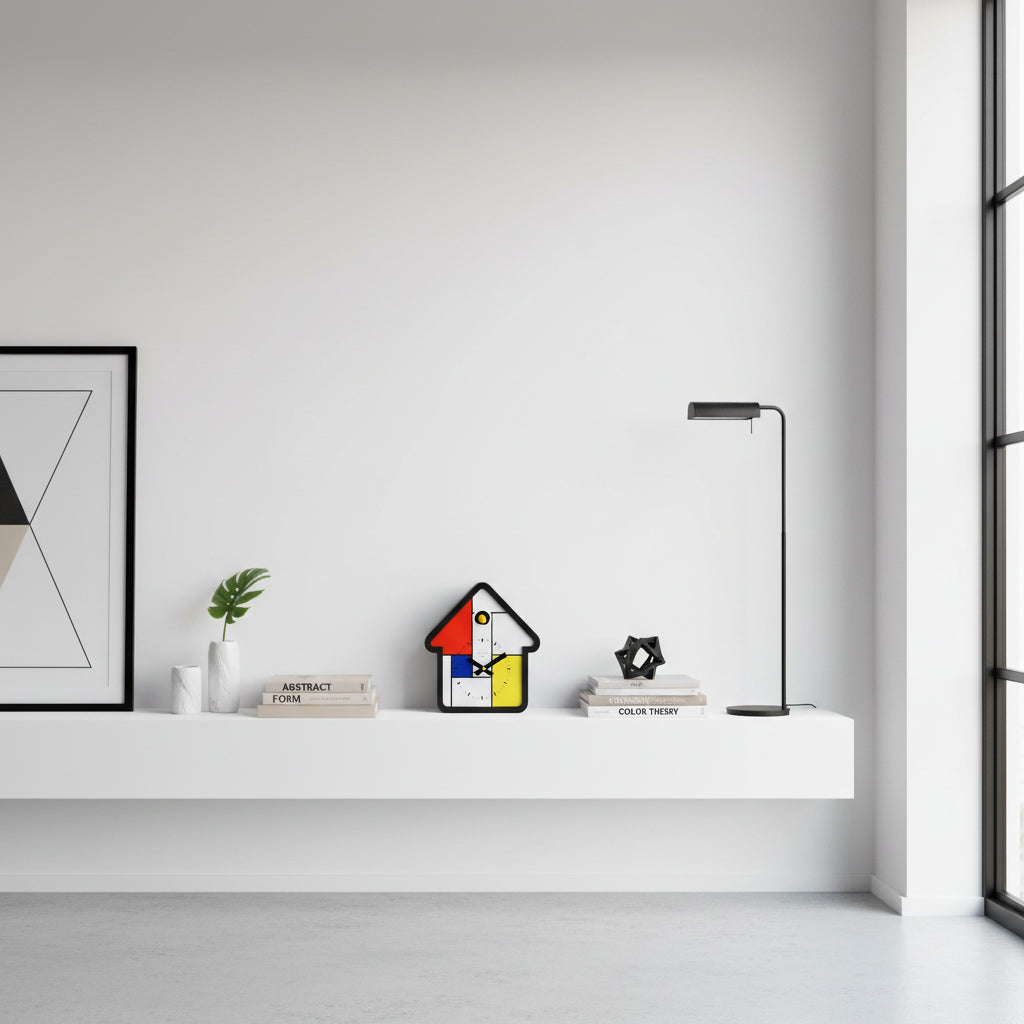 Minimalist living room shelf with Preorder - Mondrian Cuckoo Clock in Dutch Design style and functional design elements.