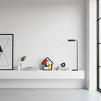 Minimalist living room shelf with Preorder - Mondrian Cuckoo Clock in Dutch Design style and functional design elements.