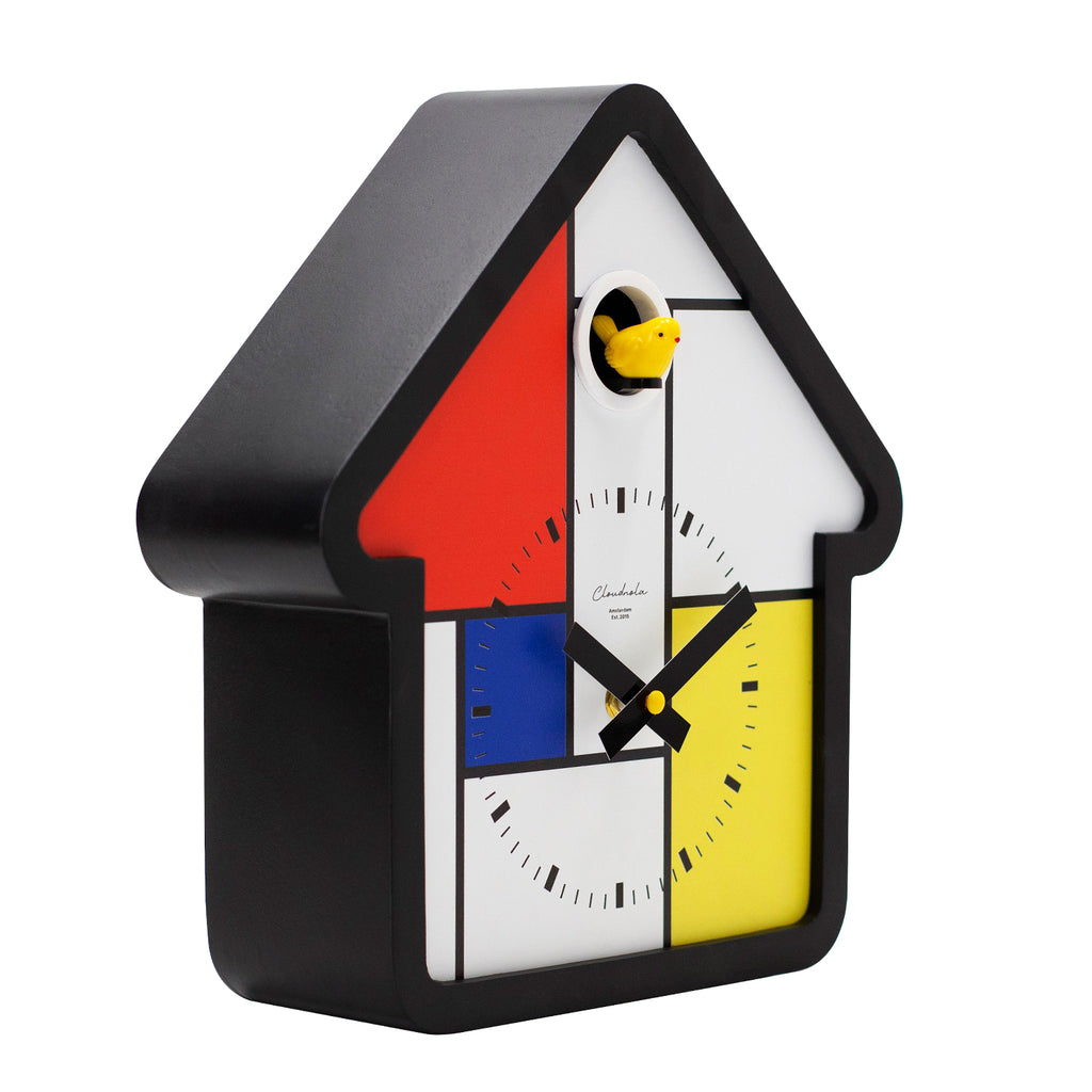 Preorder - Mondrian Cuckoo Clock with bold primary colors and Dutch Design, showcasing Functional Design in a modern cuckoo clock.
