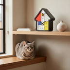 Preorder - Mondrian Cuckoo Clock with Dutch Design, functional design, modern clocks in colorful geometric pattern on shelf