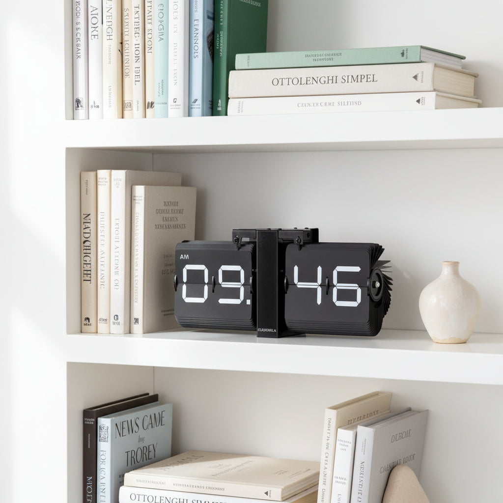 Minimalist flip clock on white shelf with stacked books, ceramic containers, and a trailing green plant, Dutch Design.