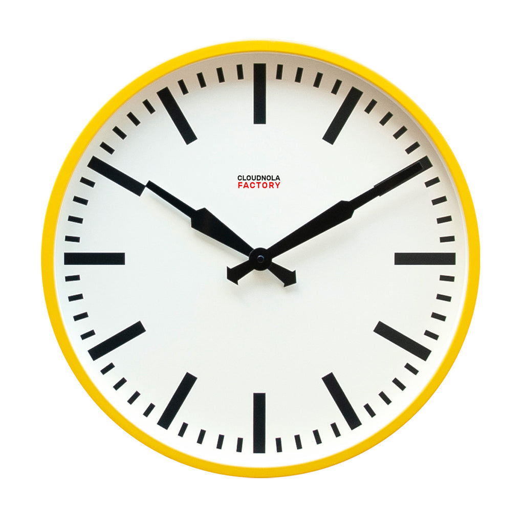Factory Yellow XL Clock with black hands and markers, minimalist Dutch design, Functional Design for modern wall decor