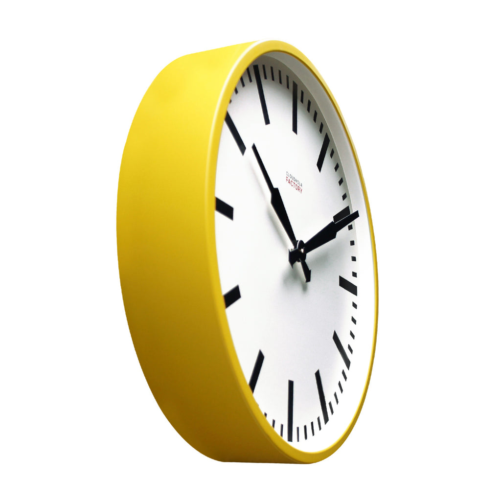 Factory Yellow XL Clock with minimalist black markers and hands, Dutch Design, Functional Design, modern wall clock style
