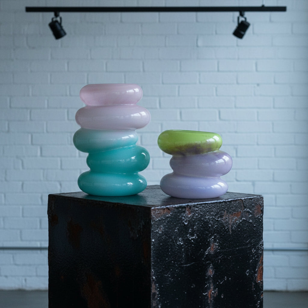 Handblown Wasabi Green & Plum Swirl Glass Vase Set | Cloudnola