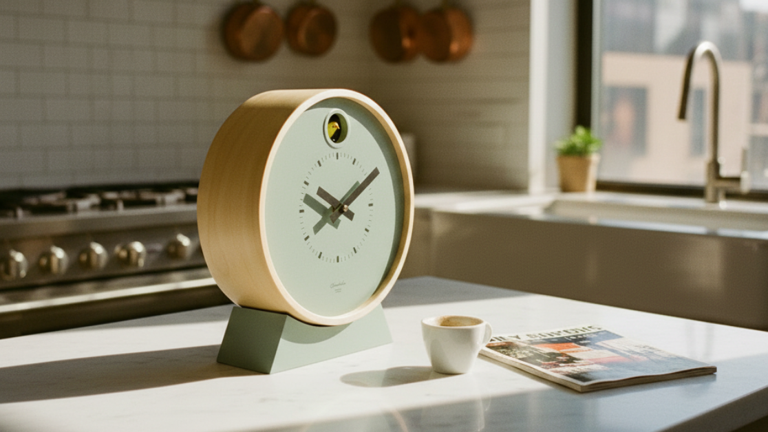 Sage Green Dot Modern Cuckoo Clock with Stand