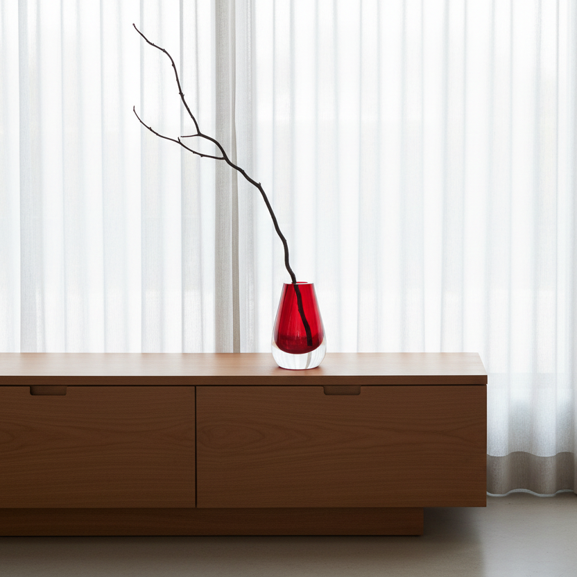 Drop Teardrop Glass Vase – Red with minimalist branch on wooden sideboard in bright, modern room, Dutch Design, Functional Design.