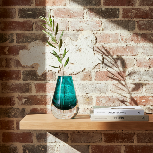 Teal vase with a plant on a wooden shelf against a brick wall