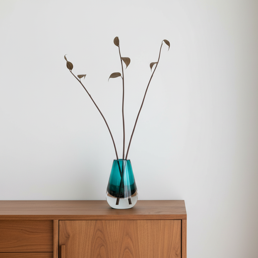 Drop Teardrop Glass Vase – Turquoise with minimalist dried branches on wooden cabinet, Dutch Design, Functional Design.