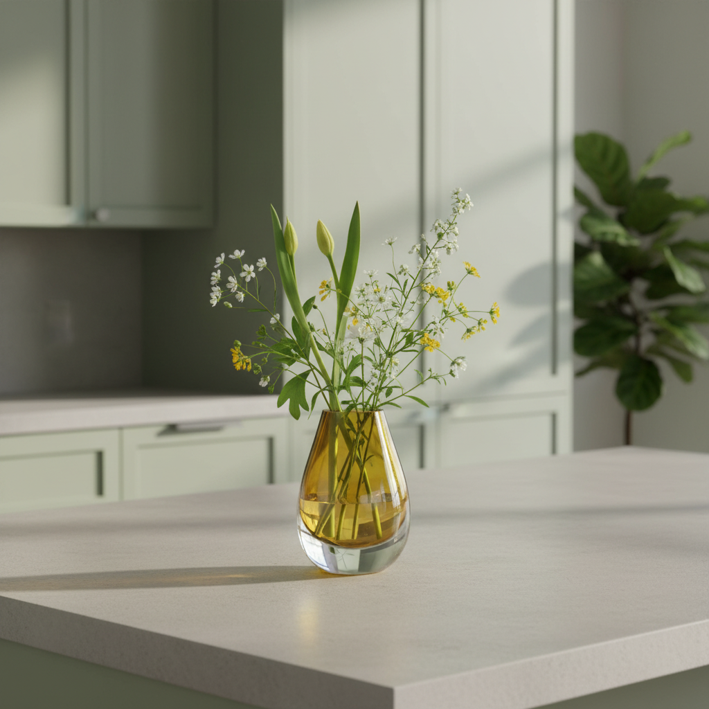 Drop Teardrop Glass Vase – Yellow with wildflowers on kitchen counter in bright minimalist home decor, Dutch Design, Functional Design.