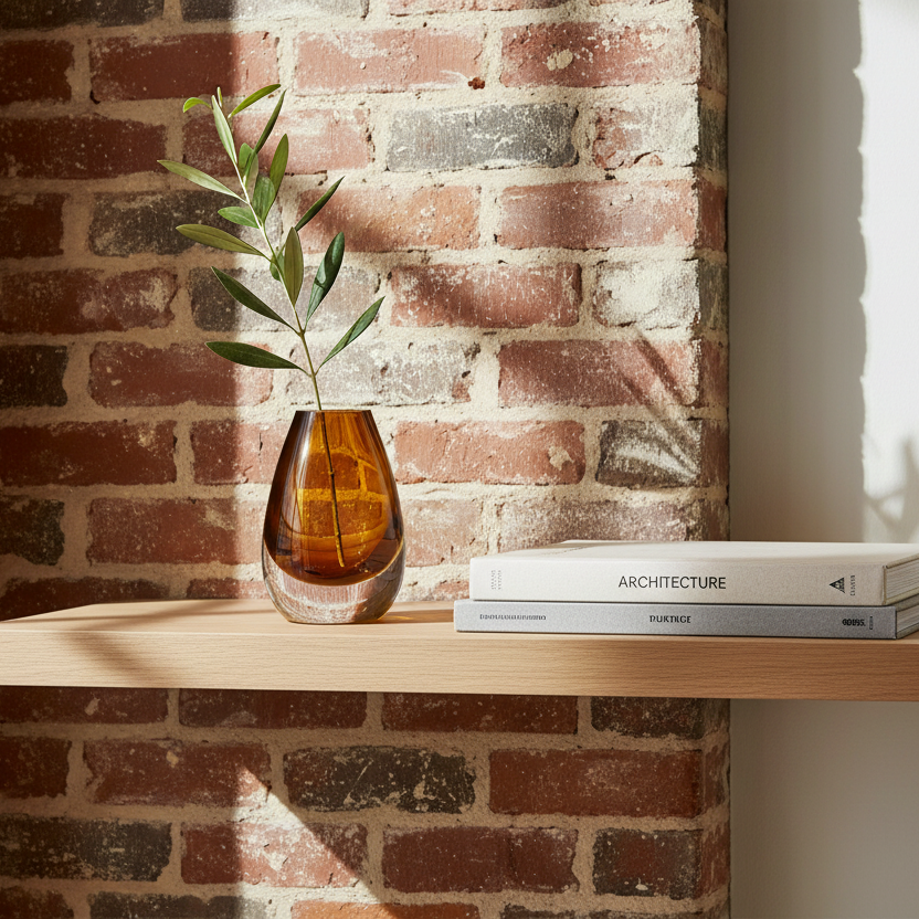 Drop Teardrop Glass Vase – Yellow on wooden shelf with plant branch, modern minimalist home decor, Dutch Design functional design.