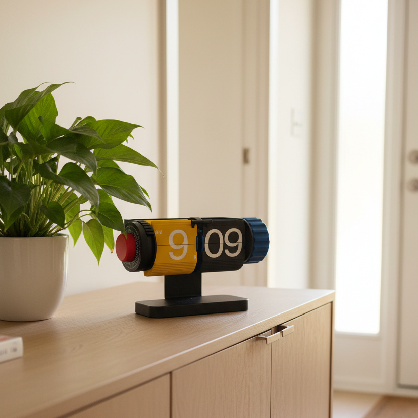 A modern flip clock with yellow, black, and blue segments sits on a light wood console table next to a potted green plant in a bright indoor setting.