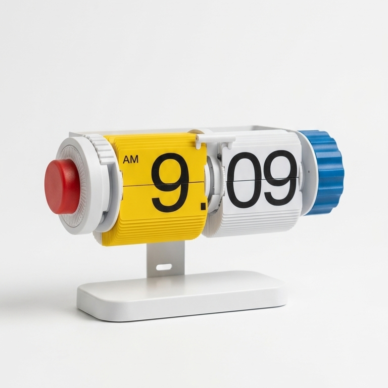 A modern cylindrical flip clock with a yellow and white body, a red push button on the left, a blue rotating wheel on the right, and a white base. The clock face displays 9:09 in black numbers.