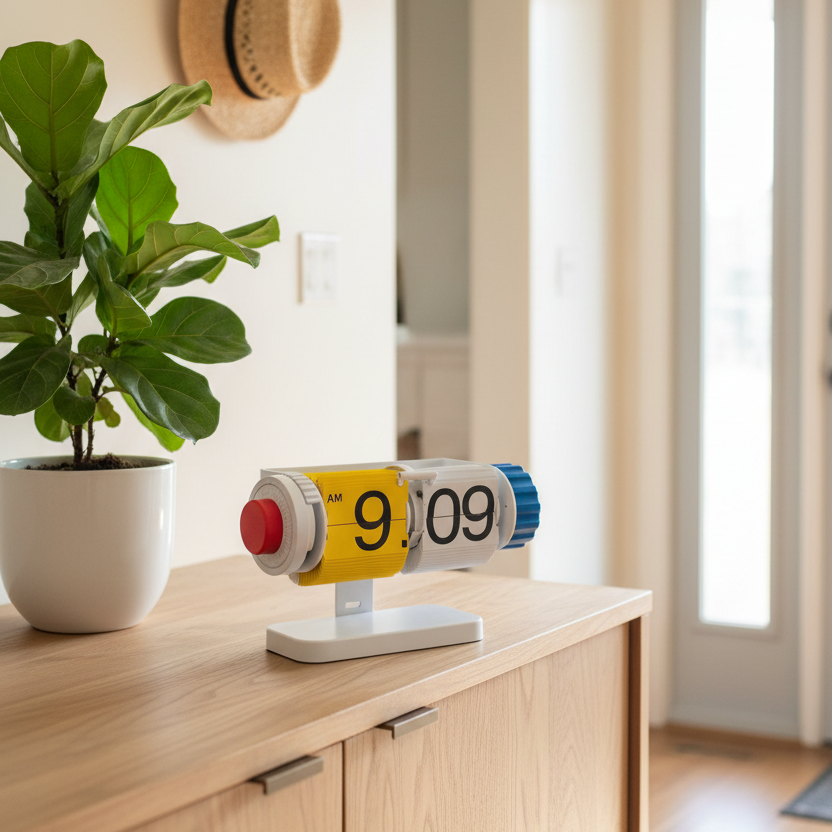 A modern cylindrical flip clock with a yellow face, white numerals, and blue end caps sits on a light wood cabinet in a bright, modern room next to a potted green plant.