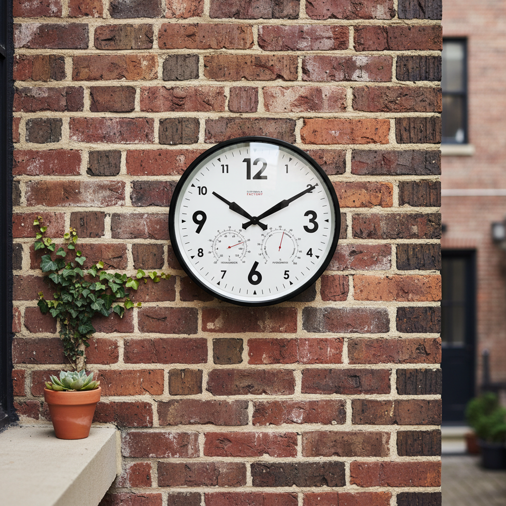 Factory Black Outdoor Clock mounted on brick wall with thermometer and hygrometer, Dutch Design, Functional Design.