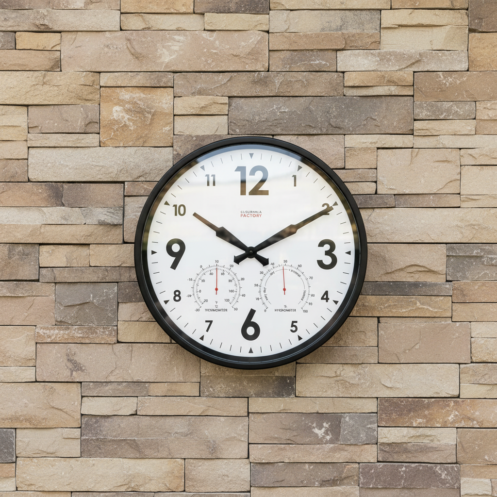 Factory Black Outdoor Clock mounted on a stone wall with temperature and humidity gauges Dutch Design Functional Design