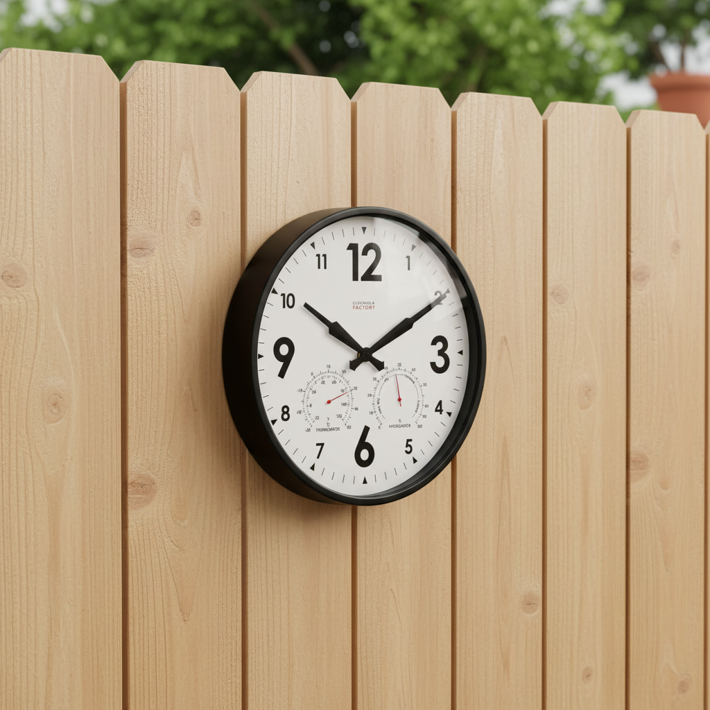 Factory Black Outdoor Clock mounted on wooden fence with thermometer and hygrometer, Dutch Design, Functional Design.