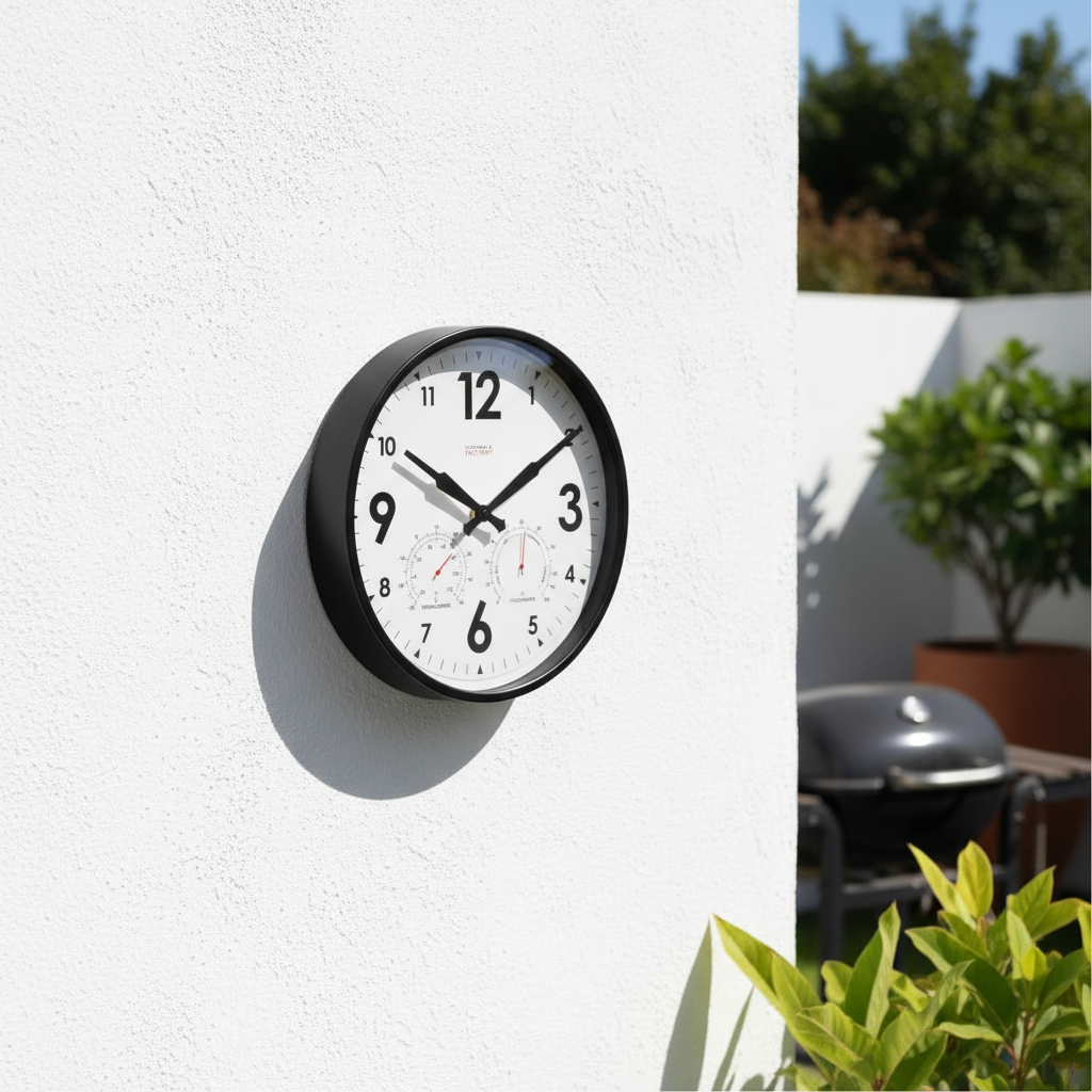 Factory Black Outdoor Clock on white wall in bright garden setting showcasing Dutch Design and Functional Design style