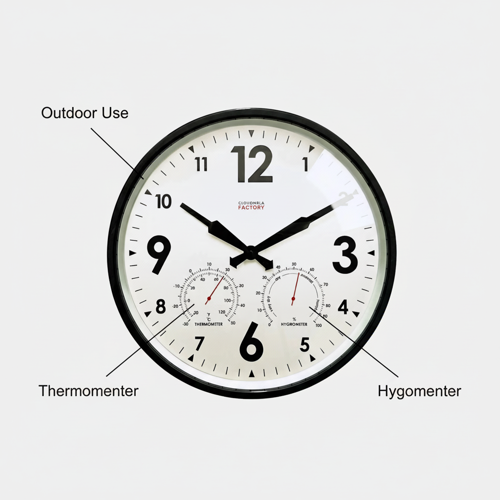 Factory Black Outdoor Clock with Dutch Design, functional design, thermometer and hygrometer features for outdoor use.