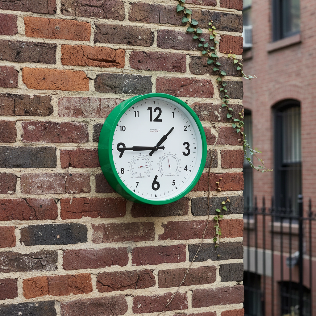 Green and white clock on a brick wall