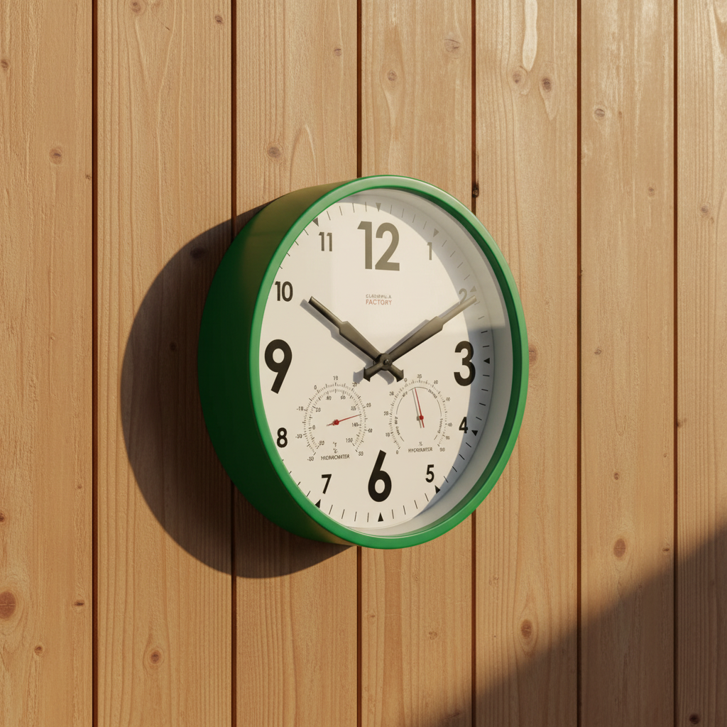 Factory Green Outdoor Clock with Dutch Design, functional design, weatherproof modern outdoor wall clock on wood panel wall