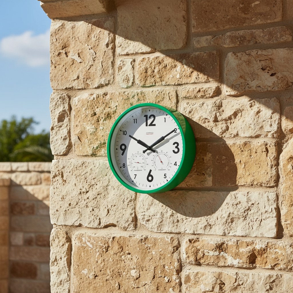 Factory Green Outdoor Clock on textured stone wall, Dutch Design, Functional Design, modern outdoor clock with thermometer and humidity gauges
