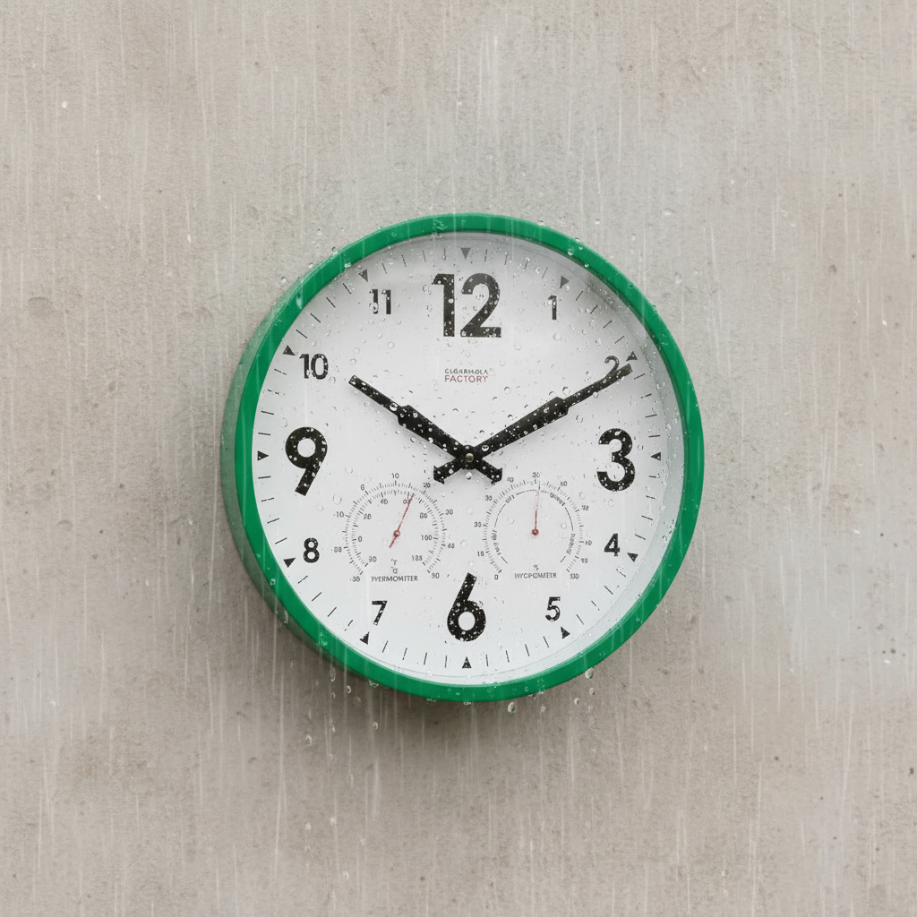 Round wall clock with green frame on a textured beige wall