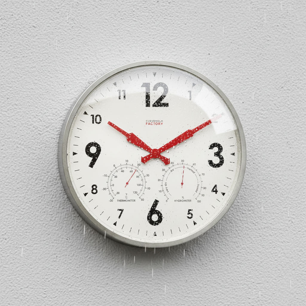Factory XL Zinc Outdoor Clock with Dutch Design and Functional Design features a weatherproof modern wall clock in rain.
